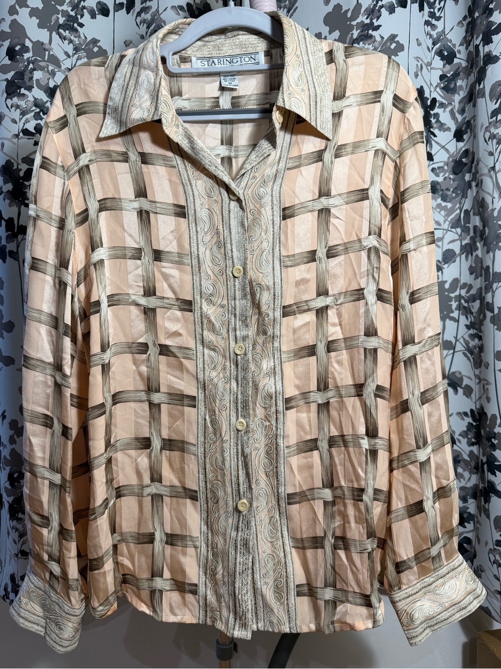 Starington 100% Silk Peach Plaid Button-Up Jacket